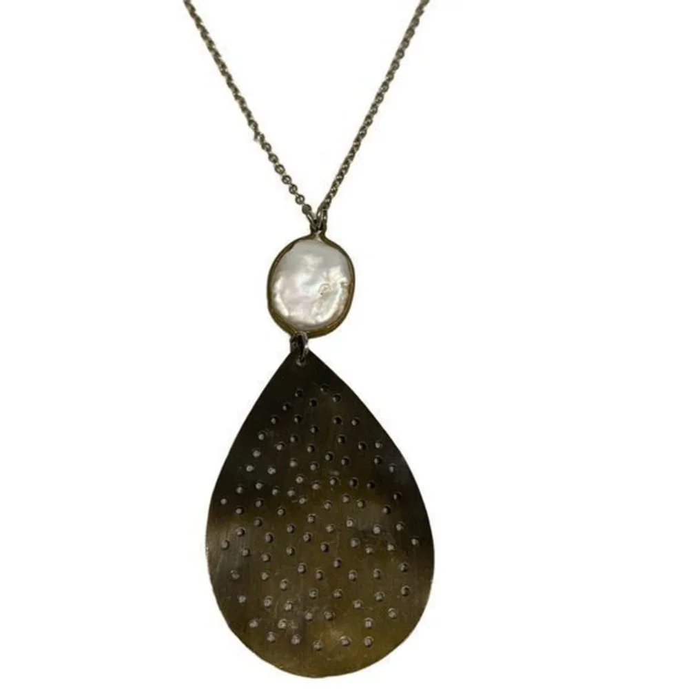 Long Bohemian Style‎ Necklace with Perforated Metal Pendant